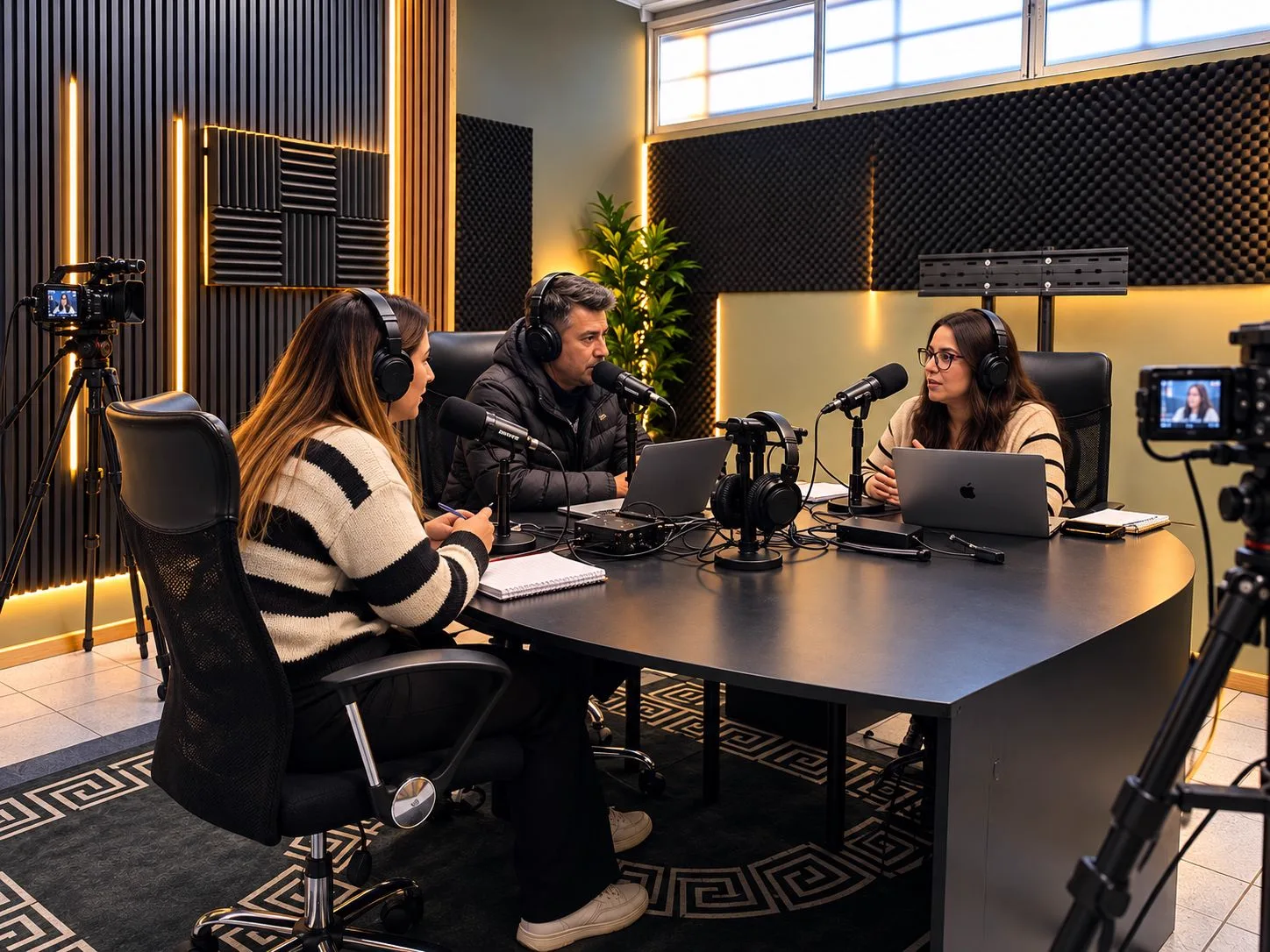 Tres conductores conversando en la mesa del estudio de Radio Actitud