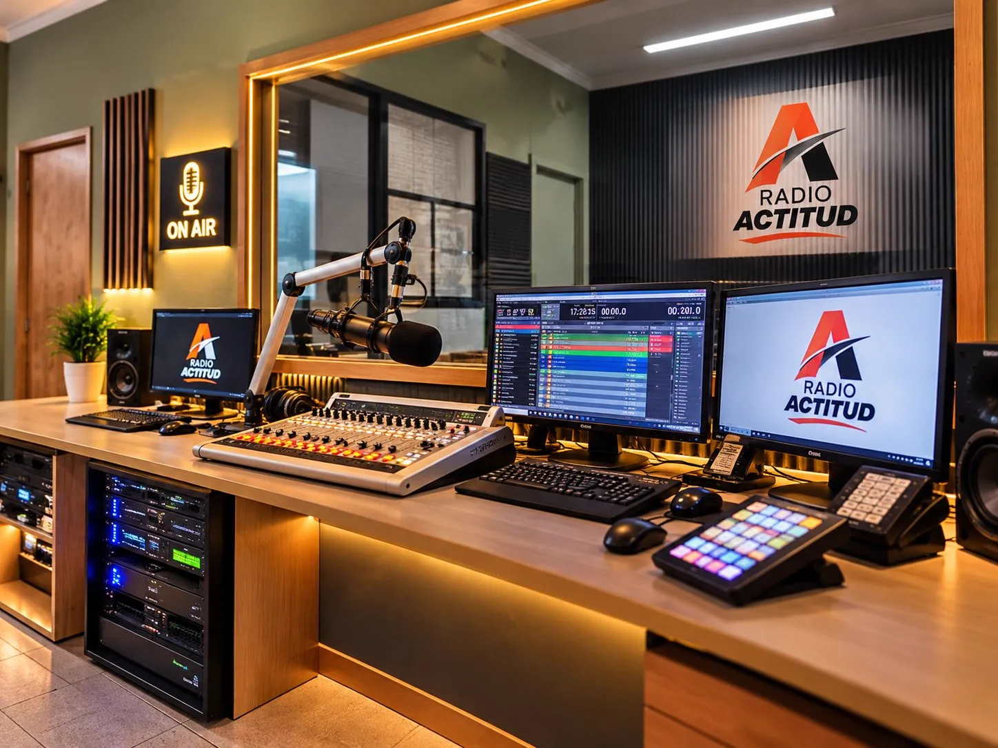 Sala de control de Radio Actitud con consola, monitores y luz de al aire